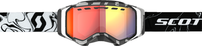 Scott Prospect snow goggles with light-sensitive lenses in marble black and white with red chrome accents for winter sports.