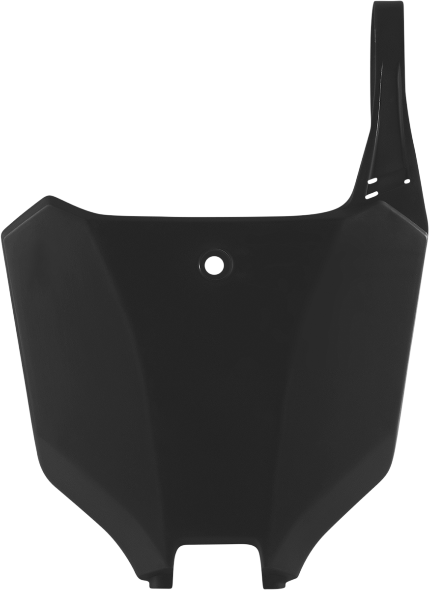 A black Acerbis front number plate mounted on a motorcycle, showcasing its sleek body design and branding.