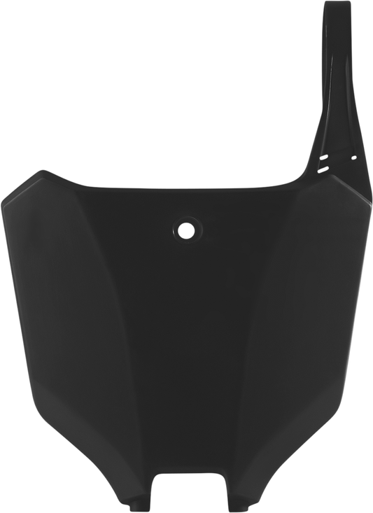 A black Acerbis front number plate mounted on a motorcycle, showcasing its sleek body design and branding.