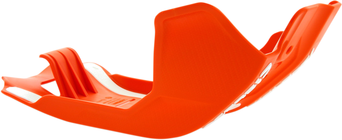 Acerbis orange skid plate for KTM motorcycles, body protection part with mounting holes, designed for off-road durability.