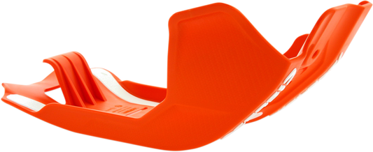 Acerbis orange skid plate for KTM motorcycles, designed to protect the body and engine from debris and impacts.