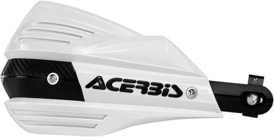 Acerbis X-Factor white handguards for motorcycle, mounted on handlebars, with protective body and brand logo visible.