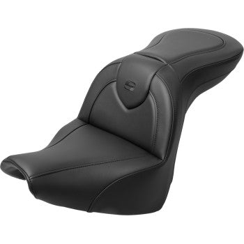 Black SADDLEMEN RoadSofa™ motorcycle seat with backrest, black stitching for FXBR/S 2018-2020 models.