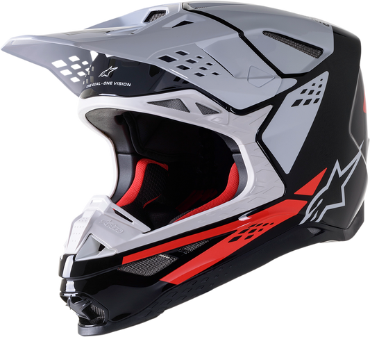 Alpinestars Supertech M8 racing helmet in black, white, and red with XL size, featuring aerodynamic design and safety features.