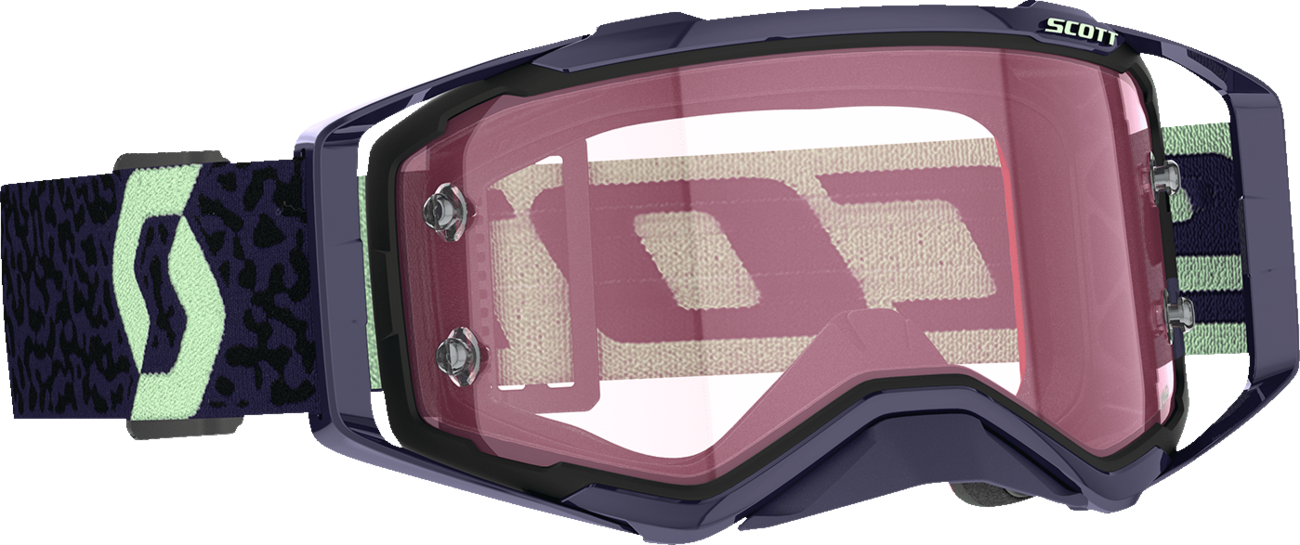 Scott Prospect Amplifier Goggle in dark purple and mint with rose accents, featuring adjustable straps and clear lens.