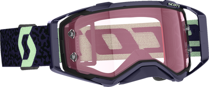 Scott Prospect Amplifier Goggle in dark purple and mint with rose accents, featuring adjustable straps and clear lens.