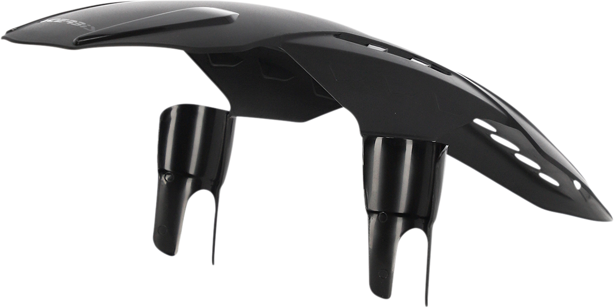 A black Acerbis MTB front fender mounted on a mountain bike, designed for off-road cycling and mud protection.