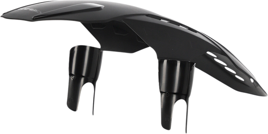 A black Acerbis MTB front fender mounted on a mountain bike, designed for off-road cycling and mud protection.