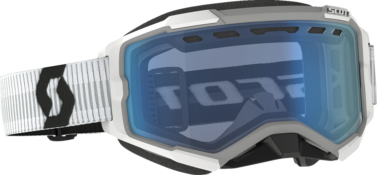 Scott Fury snow goggles in white and blue with engine-style design, featuring adjustable strap and reflective lenses for winter sports.