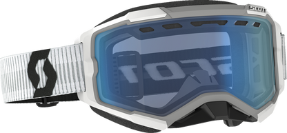 Scott Fury snow goggles in white and blue with engine-style design, featuring adjustable strap and reflective lenses for winter sports.