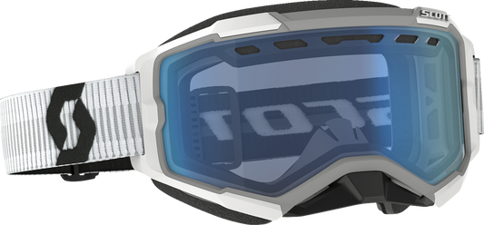 Scott Fury snow goggles in white and blue with engine-style design, featuring adjustable strap and reflective lenses for winter sports.