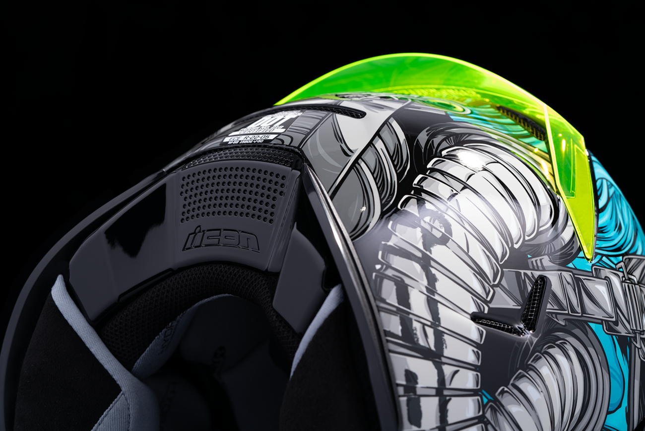 Blue ICON Airframe Pro™ motorcycle helmet in Outbreak design, 2XL size, featuring a sleek aerodynamic shape and visor.