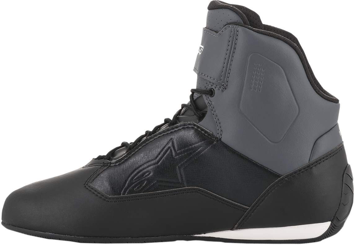 Alpinestars Stella Faster-3 black, gray, and blue motorcycle shoes with sturdy design, US size 8, showcasing sporty style and durable construction.