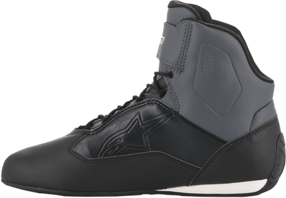 Alpinestars Stella Faster-3 black, gray, and blue motorcycle shoes with sturdy design, US size 8, showcasing sporty style and durable construction.