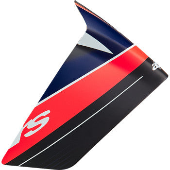 Alpinestars Supertech R10 race helmet spoiler in matte black, carbon red fluo, and blue, designed for high-performance racing helmets.