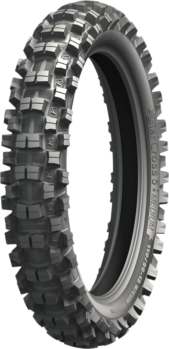 Michelin StarCross 5 Medium rear tire with 90/100-14 size and 49M load rating, suitable for off-road motorcycle riding.