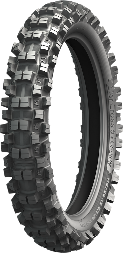 Michelin StarCross 5 Medium rear tire with 90/100-14 size and 49M load rating, suitable for off-road motorcycle riding.