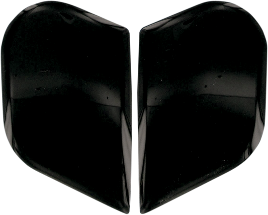 Black ICON Airframe and Alliance™ side plates for helmets, shown with mounting details, by Bill's Exhausts.