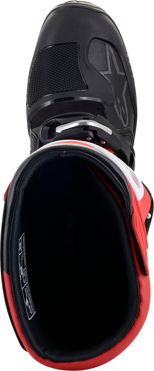 Alpinestars Tech 5 motocross boots in black and red, US size 12, featuring sturdy construction and protective design.