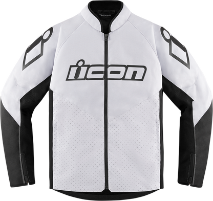 White ICON Hooligan CE jacket by Bill's Exhausts in 2XL, featuring durable textile material and protective design.