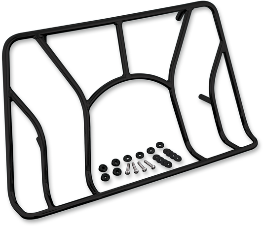 Black SHOW CHROME Tour Trunk Luggage Rack for engine, designed by Bill's Exhausts, with a sturdy metal frame and mounting points.
