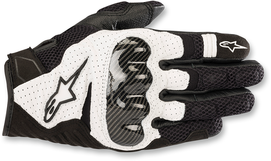 Alpinestars SMX-1 Air V2 motorcycle gloves in black and white, small size, showcasing the protective design and brand logo.