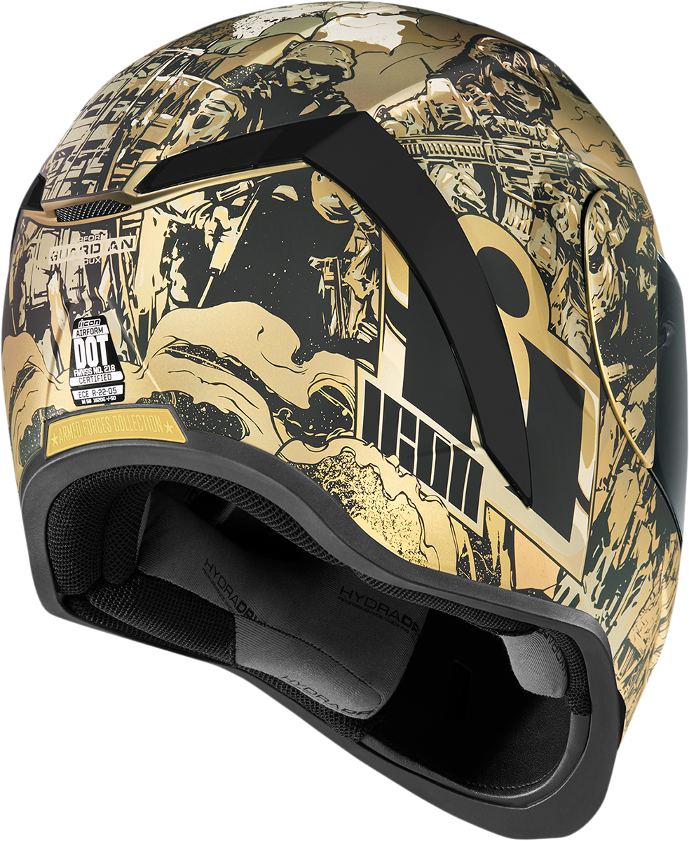 Gold ICON Airform Guardian helmet in small size with a sleek design, featuring a smooth outer shell and ventilation vents.