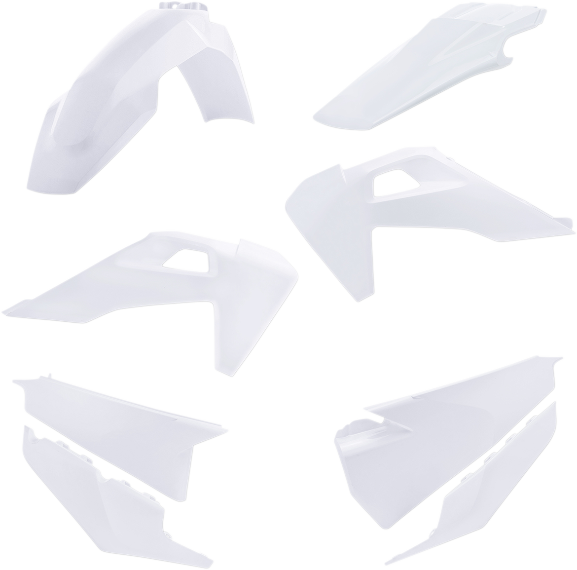 A white ACERBIS standard replacement body kit for motorcycles, shown on a clean background.