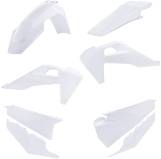 A white ACERBIS standard replacement body kit for motorcycles, shown on a clean background.