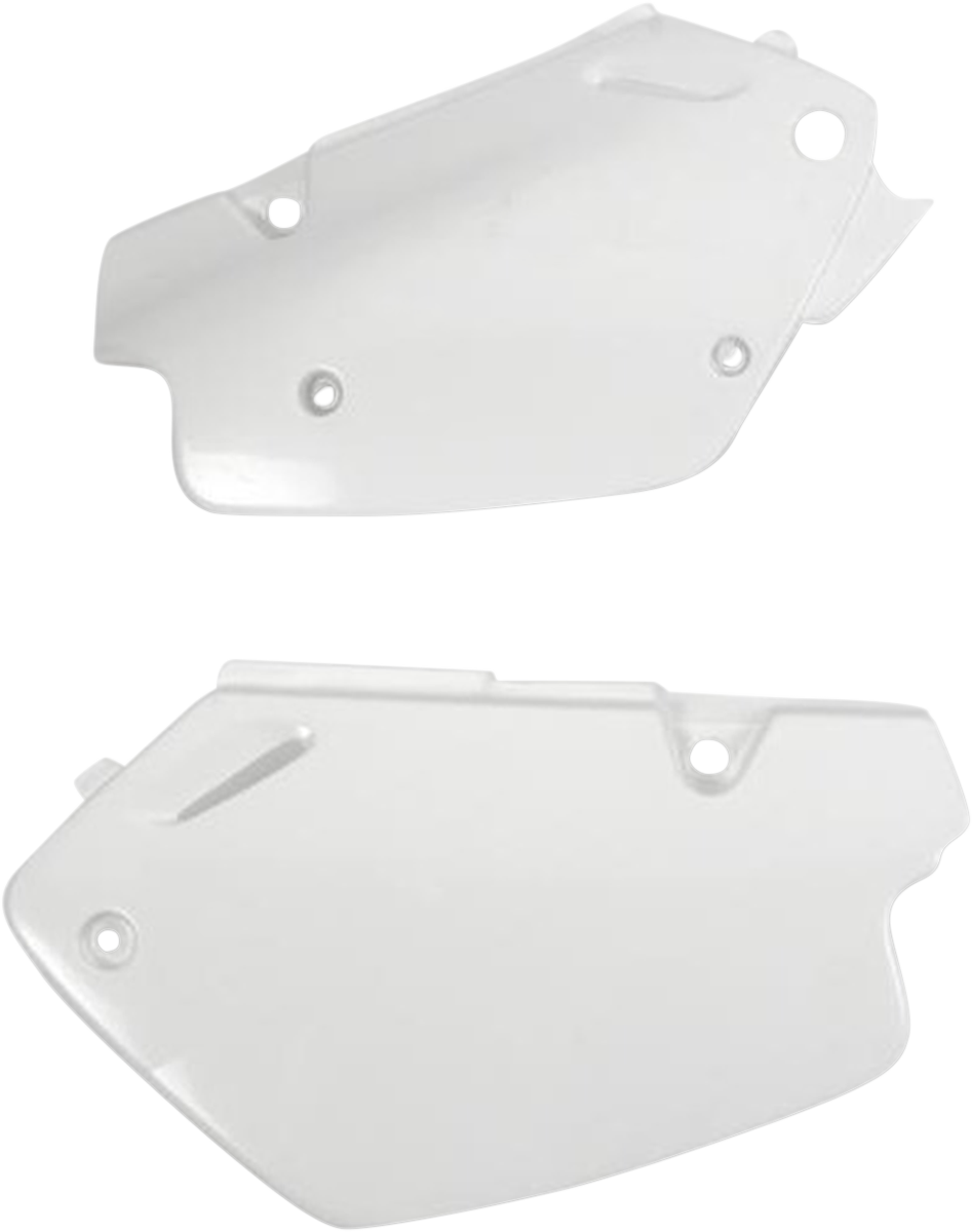 A white Acerbis side panel body part for motorcycle, featuring the Acerbis branding and mounting points visible.