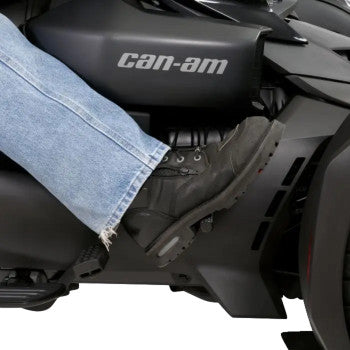Show Chrome adjustable highway peg in satin black with contrast cut for Can-Am motorcycles, mounted on the bike's engine guard.