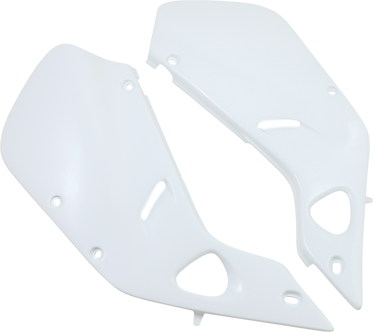 White Acerbis side panels for motorcycle body, compatible with Bill's Exhausts models, shown on a vehicle in the image.