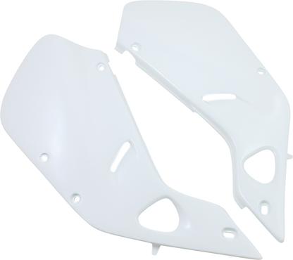 White Acerbis side panels for motorcycle body, compatible with Bill's Exhausts models, shown on a vehicle in the image.