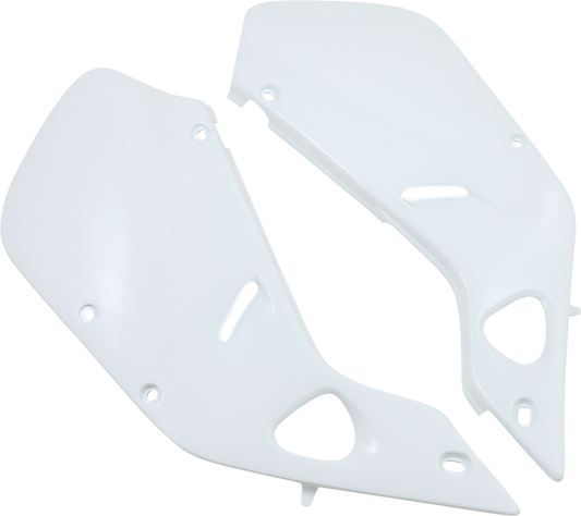 White Acerbis side panels for motorcycle body, compatible with Bill's Exhausts models, shown on a vehicle in the image.