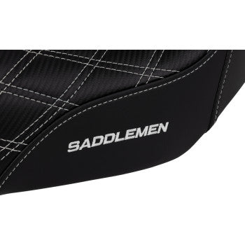 SADDLEMEN Pro Series SDC performance motorcycle seat by Bill's Exhausts, with carbon fiber, lumbar gripper, and white stitching for Dyna '06-'17.