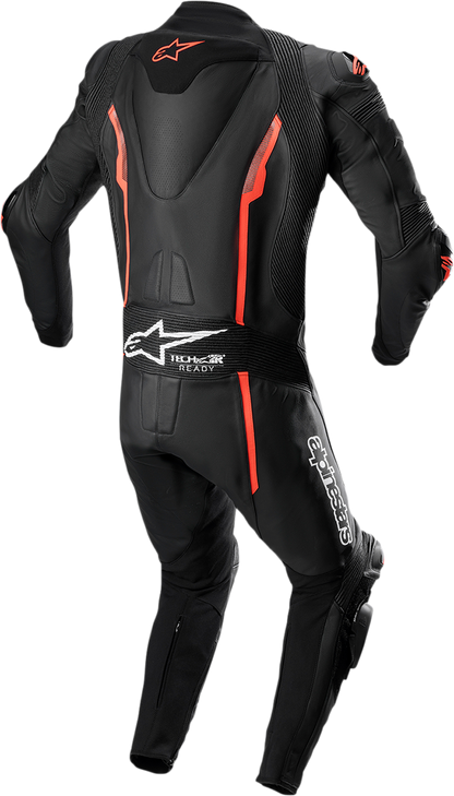 Alpinestars Missile v2 1-piece leather motorcycle suit in black and red fluorescent, size EU 58, displayed on a plain background.