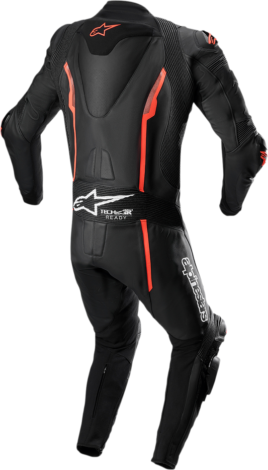 Alpinestars Missile v2 1-piece leather motorcycle suit in black and red fluorescent, US 36 / EU 46, shown on a mannequin.