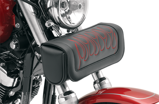 Red Saddlemen Tool Pouch Flame design for motorcycle seats, featuring durable construction and secure attachment from Bill's Exhausts.