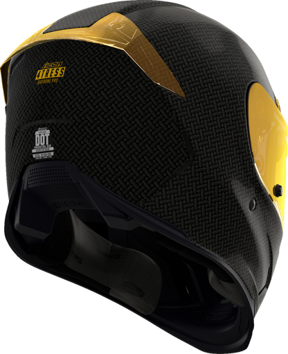 Yellow ICON Airframe Pro motorcycle helmet with carbon shell and XS size, featuring a sleek aerodynamic design.