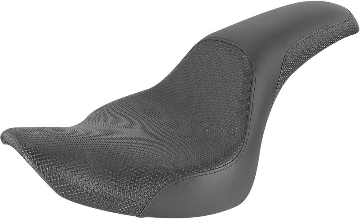 Black Saddlemens Profiler Basket-weave motorcycle seat for Harley models '07-'17, featuring durable custom design and detailed stitching.