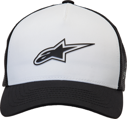 Alpinestars Advantage Tech Trucker Hat in white and black with mesh back and curved brim, one size fits most.