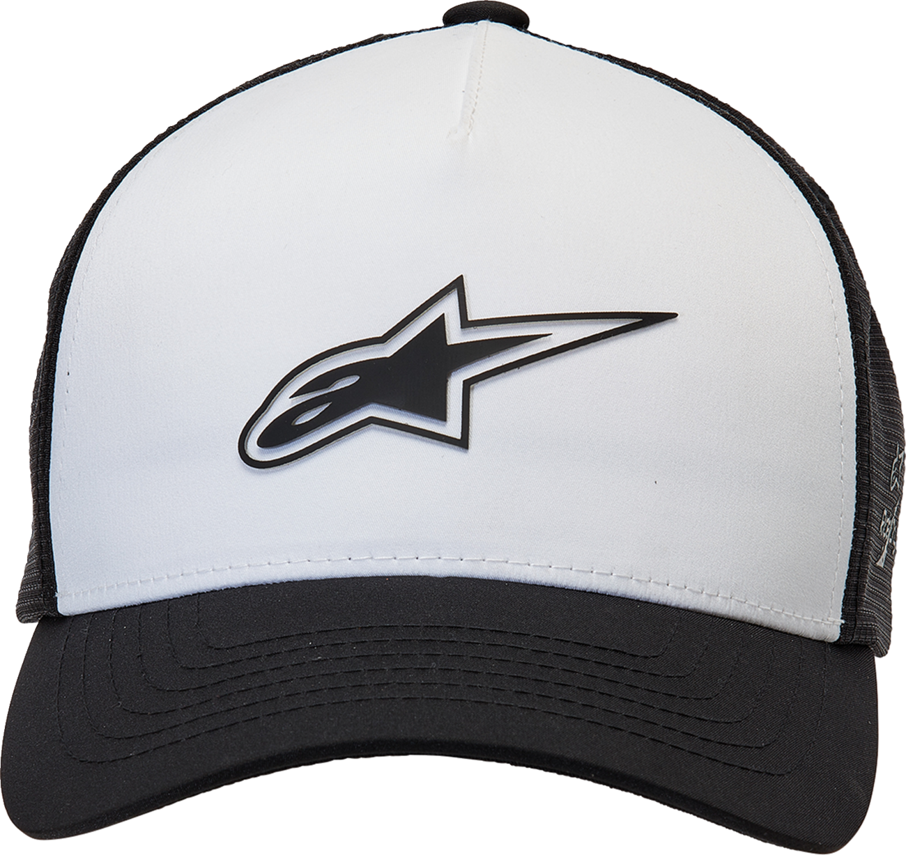 Alpinestars Delivery Trucker Hat in white and black, featuring a curved brim and adjustable snapback, with Alpinestars branding.