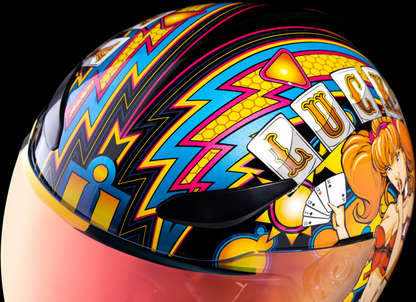 Red ICON Domain™ Helmet Lucky Lid 4 in XL size, featuring a sleek design with vibrant graphics for motorcycle safety and style.