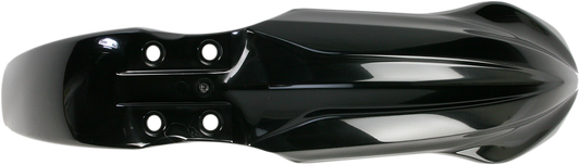 Black Acerbis front fender for motorcycle, body part designed for durability and style, shown in a close-up image.