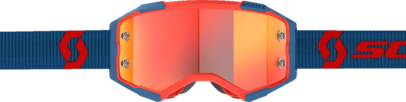 Scott Fury motocross goggles in dark blue and neon red with orange chrome lens, featuring a secure strap and padded frame.
