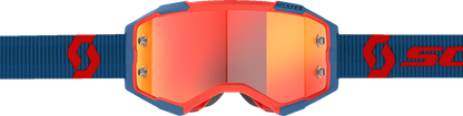 Scott Fury motocross goggles in dark blue and neon red with orange chrome lens, featuring a secure strap and padded frame.