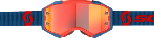 Scott Fury motocross goggles in dark blue and neon red with orange chrome lens, featuring a secure strap and padded frame.