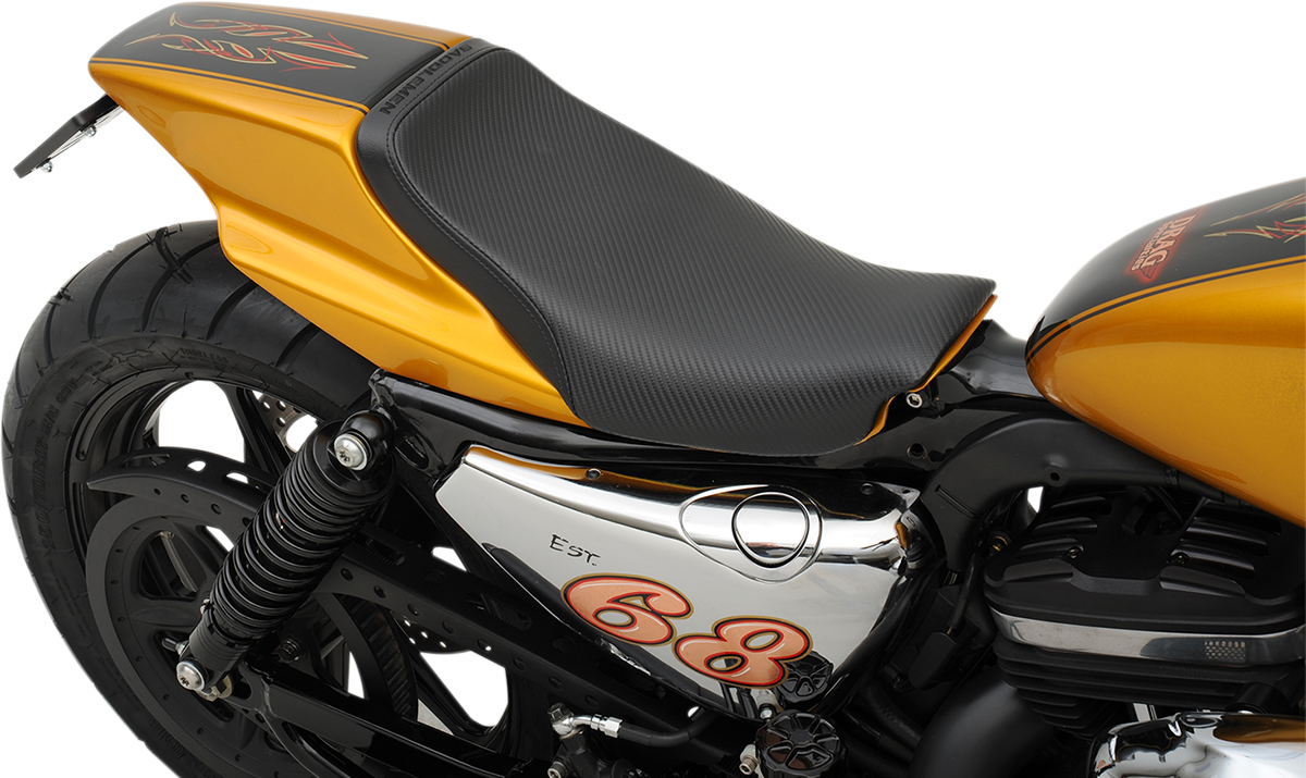 Black SADDLEMEN Eliminator Seat with carbon fiber finish for Z4203 motorcycle, designed for comfort and style.