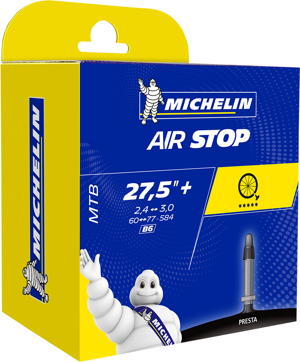 Michelin Air Stop Presta bicycle tube, 2.4-3.0 inch by 27.5 inch, 40mm valve, designed for bike tires.