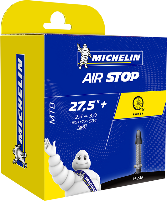 Michelin Air Stop Presta bicycle tube, 2.4-3.0 inch by 27.5 inch, 40mm valve, designed for bike tires.